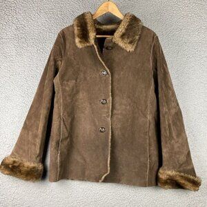 Suede Leather Coat Faux Fur Trim New York & Company Womens Size M Winter Jacket